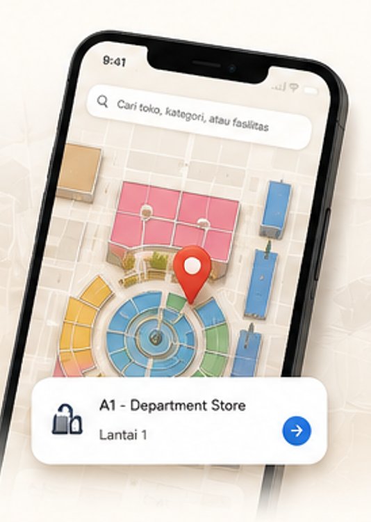 Tampilan e-Mall di perangkat mobile dengan pencarian lokasi toko