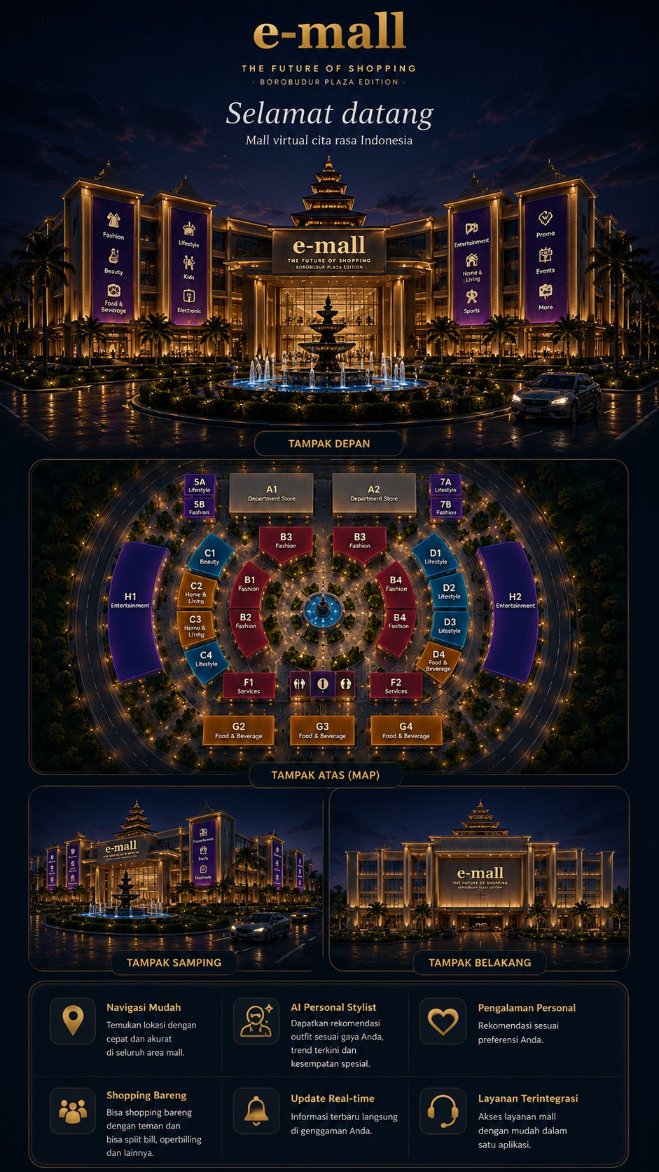 Showcase e-Mall: tampak depan, denah lantai, tampak samping, dan fitur layanan